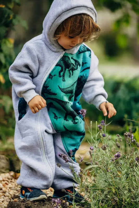 Jumpsuit for a child- Gray melange & Jurassic - Woven Baby Size - 110-Size - 116   bear_romper    #