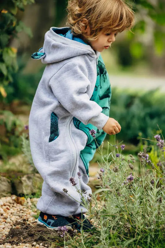 Jumpsuit for a child- Gray melange & Jurassic - Woven Baby 110   bear_romper    #