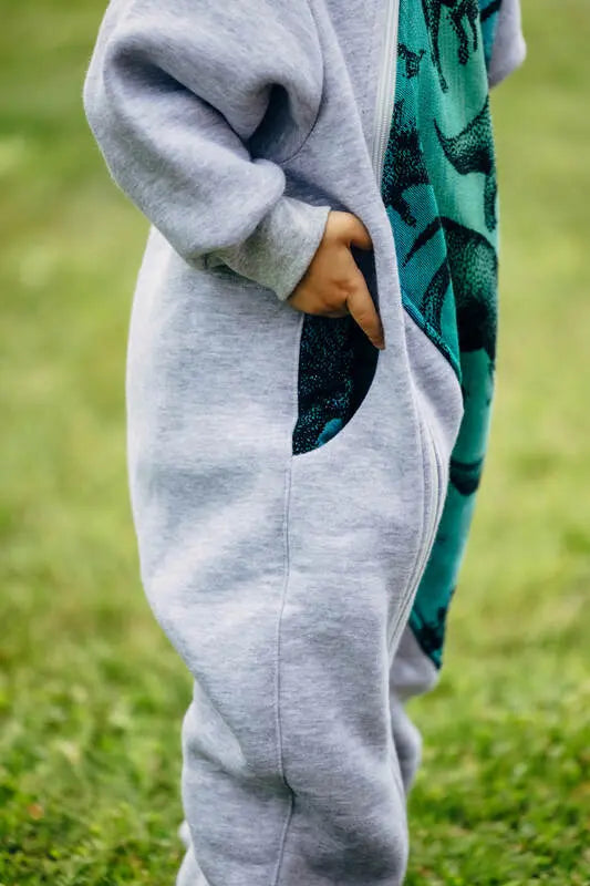 Jumpsuit for a child- Gray melange & Jurassic - Woven Baby 110   bear_romper    #