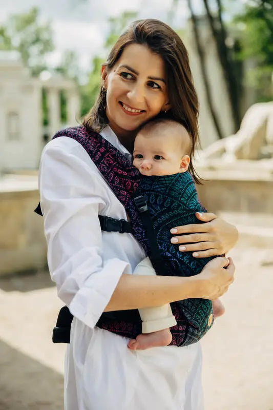 LennyLight Carrier, jacquard weave (60% cotton, 28% merino wool, 8% silk, 4% cashmere) - PEACOCK'S TAIL - BLACK OPAL - Woven Baby Size - Standard   lenny_light    #