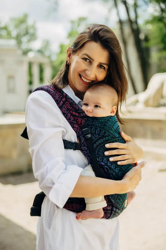 LennyLight Carrier, jacquard weave (60% cotton, 28% merino wool, 8% silk, 4% cashmere) - PEACOCK'S TAIL - BLACK OPAL - Woven Baby Standard   lenny_light    #