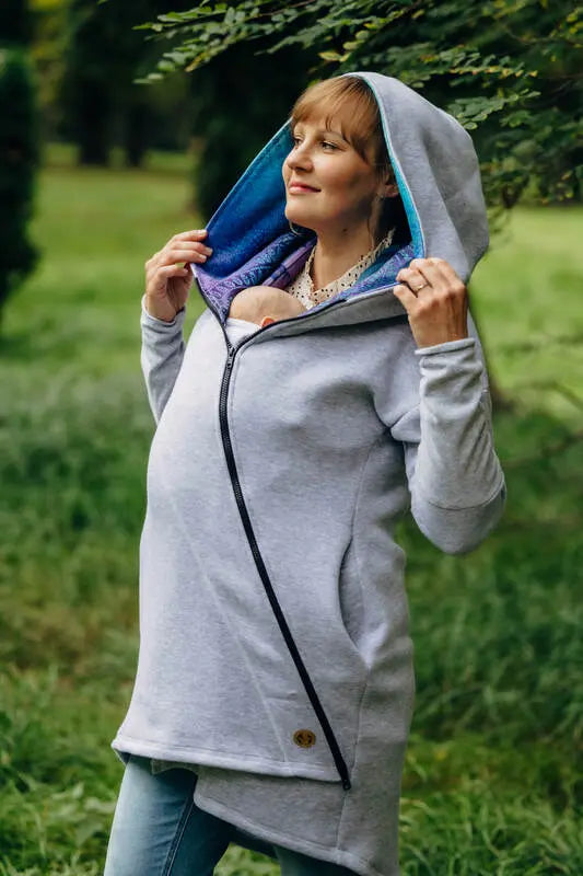 Asymmetrical Hoodie - Grey Melange with Peacock's Tail Fantasy - Woven Baby S   asymmetrical_hoodies    #