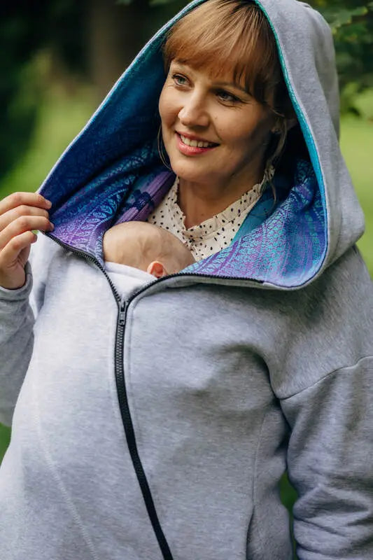Asymmetrical Hoodie - Grey Melange with Peacock's Tail Fantasy - Woven Baby S   asymmetrical_hoodies    #