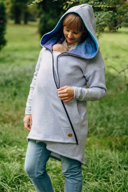 Asymmetrical Hoodie - Grey Melange with Peacock's Tail Fantasy - Woven Baby S   asymmetrical_hoodies    #