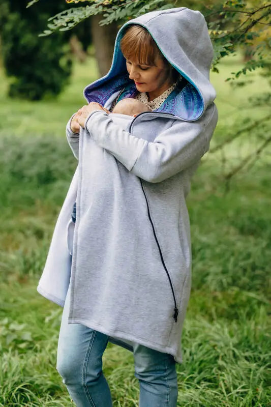Asymmetrical Hoodie - Grey Melange with Peacock's Tail Fantasy - Woven Baby S   asymmetrical_hoodies    #
