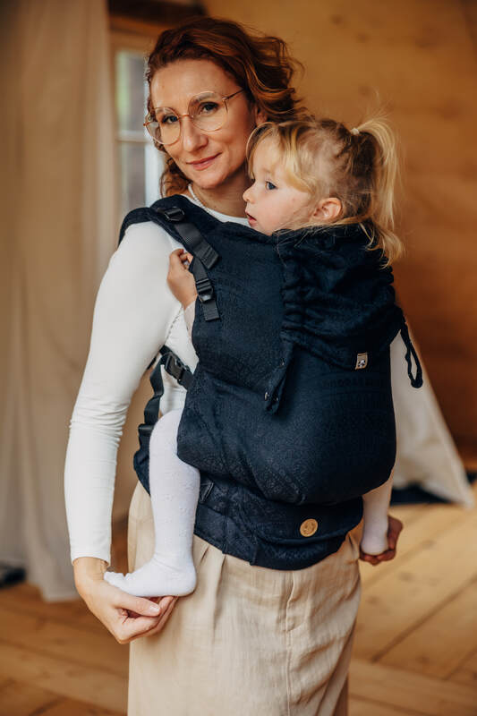 LennyPreschool Carrier, jacquard weave (59% cotton, 41% merino wool) - PEACOCK'S TAIL - PITCH BLACK - Woven Baby Size - Preschool   lenny_preschool    #