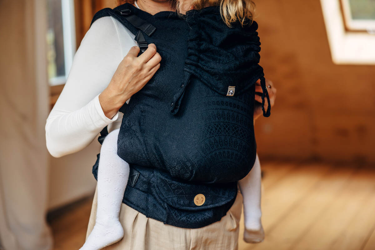 LennyPreschool Carrier, jacquard weave (59% cotton, 41% merino wool) - PEACOCK'S TAIL - PITCH BLACK - Woven Baby Size - Preschool   lenny_preschool    #