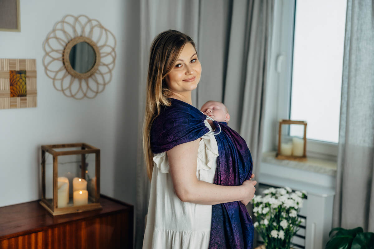 Ring Sling, Jacquard Weave (100% cotton), with gathered shoulder - WILD WINE - BOUQUET - standard 1.8m - Woven Baby    ring_slings    #