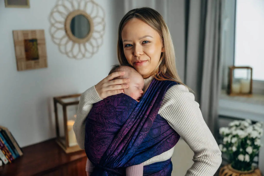 Baby Wrap, Jacquard Weave (100% cotton) - WILD WINE - BOUQUET - Woven Baby XS - 4   long_woven_wraps    #