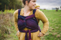 Girasol WrapMySol Twilight worn outdoors — navy purple half buckle carrier handwoven cotton Mei Tai Meh Dai newborn to toddler