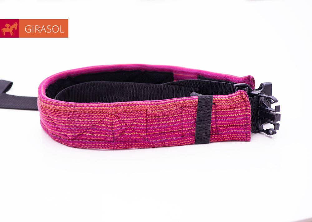 Girasol WrapMySol Buckle Hip Belt Paradise front view with buckle — pink purple multicolor handwoven cotton Mei Tai Meh Dai
