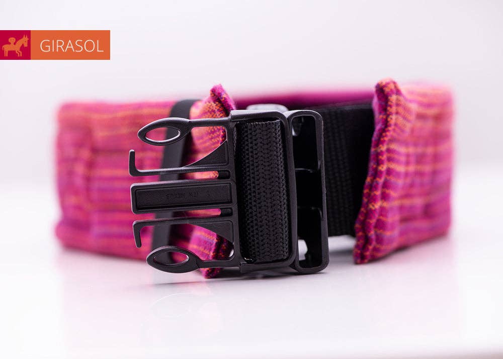 Girasol WrapMySol Buckle Hip Belt Paradise close-up buckle detail — vibrant tropical stripe cotton half buckle