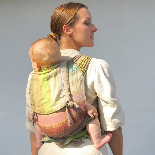 Girasol WrapMySol Rayos D'Oro back carry — warm gold pastel diamond weave half buckle carrier Mei Tai Meh Dai

