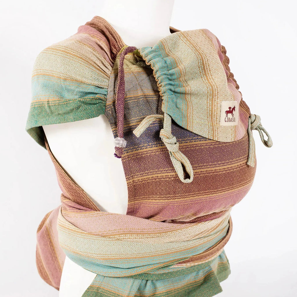 Girasol WrapMySol Rayos D'Oro shoulder strap view — gold amber handwoven Guatemala cotton Mei Tai half buckle

