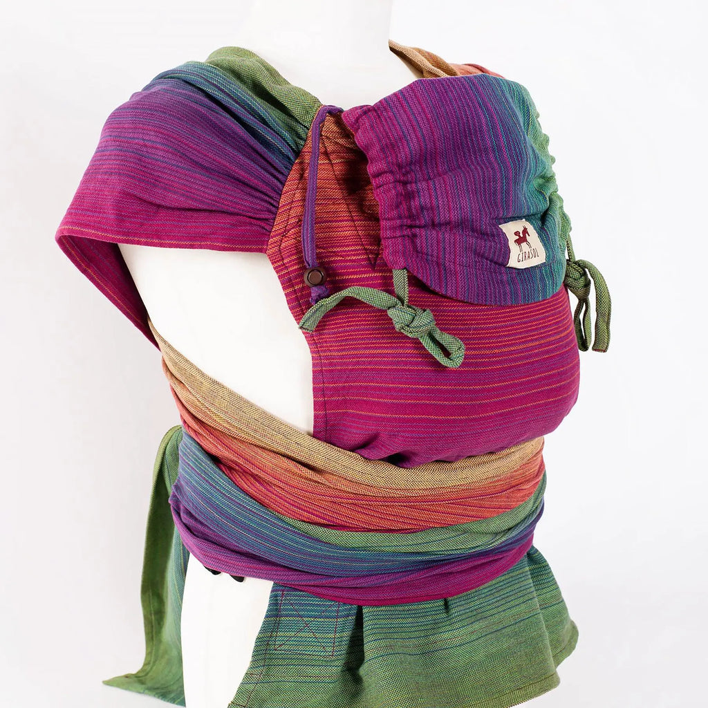 Girasol WrapMySol Paradise side view on mannequin — rainbow stripe handwoven Guatemala cotton Mei Tai Meh Dai
