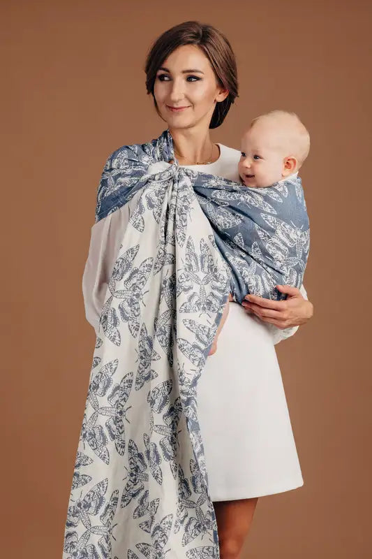 QOTN Tamino Ring Sling 53% cotton, 33% linen, 14% tussah silk - Woven Baby size 1 - 1.8m with gathered shoulder / Standard (blue with white moths)-size 2- 2.1m with gathered shoulder / Standard (blue with white moths)-size 1 - 1.8m with gathered shoulder / Reverse (white with blue moths)-size 2- 2.1m with gathered shoulder / Reverse (white with blue moths)   ring_slings    #