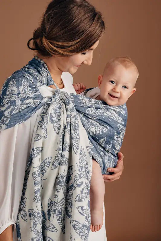 QOTN Tamino Ring Sling 53% cotton, 33% linen, 14% tussah silk - Woven Baby size 1 - 1.8m with gathered shoulder / Standard (blue with white moths)-size 2- 2.1m with gathered shoulder / Standard (blue with white moths)-size 1 - 1.8m with gathered shoulder / Reverse (white with blue moths)-size 2- 2.1m with gathered shoulder / Reverse (white with blue moths)   ring_slings    #